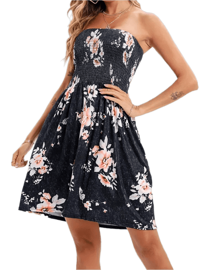 Smocked Printed Tube Mini Dress - minbolu