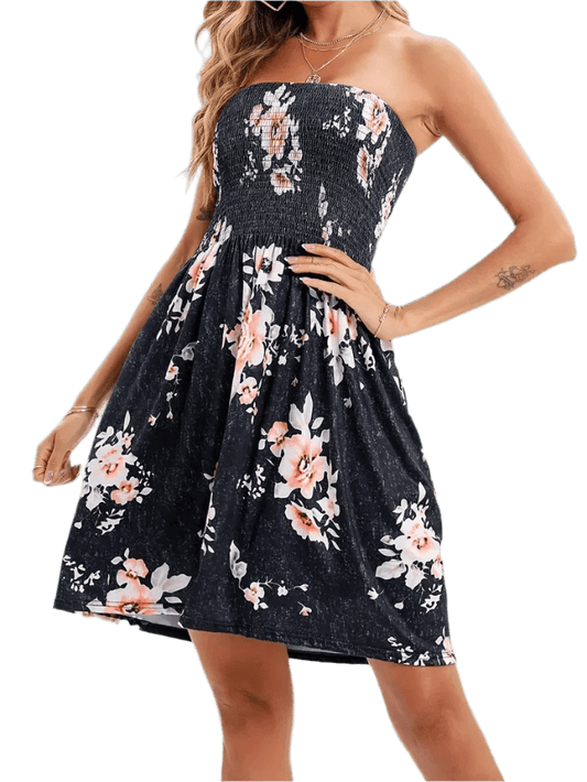 Smocked Printed Tube Mini Dress - minbolu