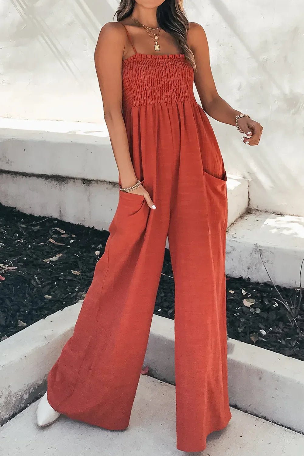 Smocked Spaghetti Strap Wide Leg Jumpsuit - minbolu -