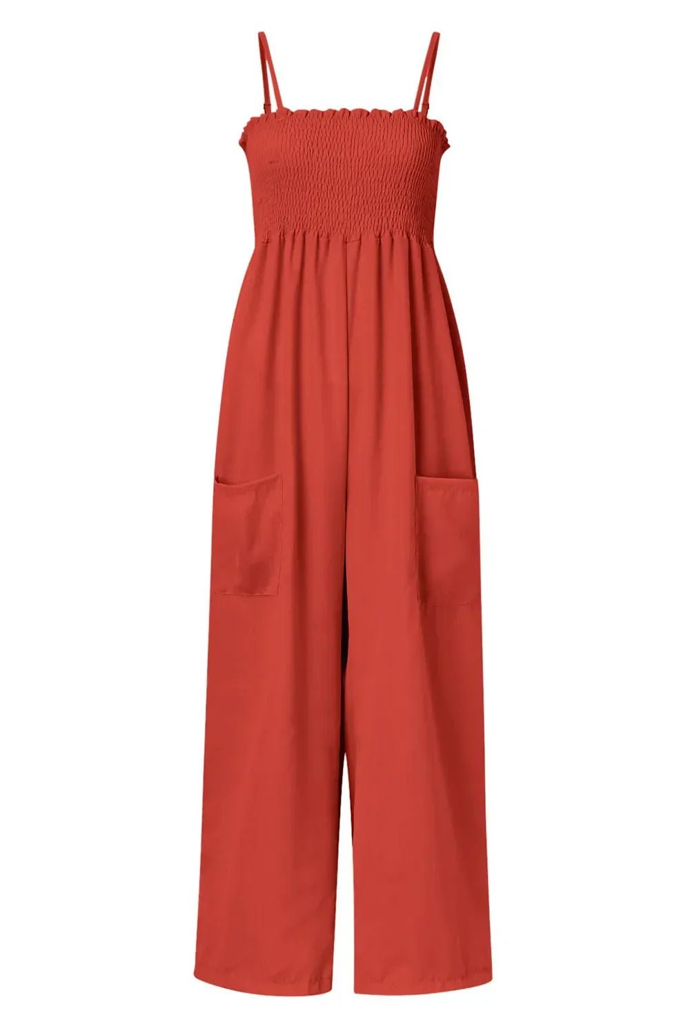Smocked Spaghetti Strap Wide Leg Jumpsuit - minbolu