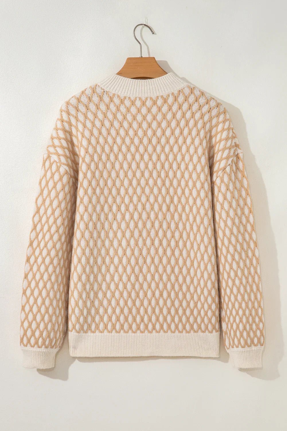 Smoke Gray Checkered Textured Knit Mock Neck Sweater - minbolu -