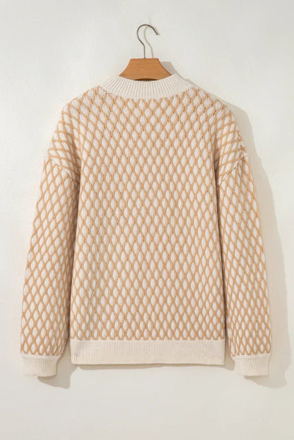 Smoke Gray Checkered Textured Knit Mock Neck Sweater - minbolu -