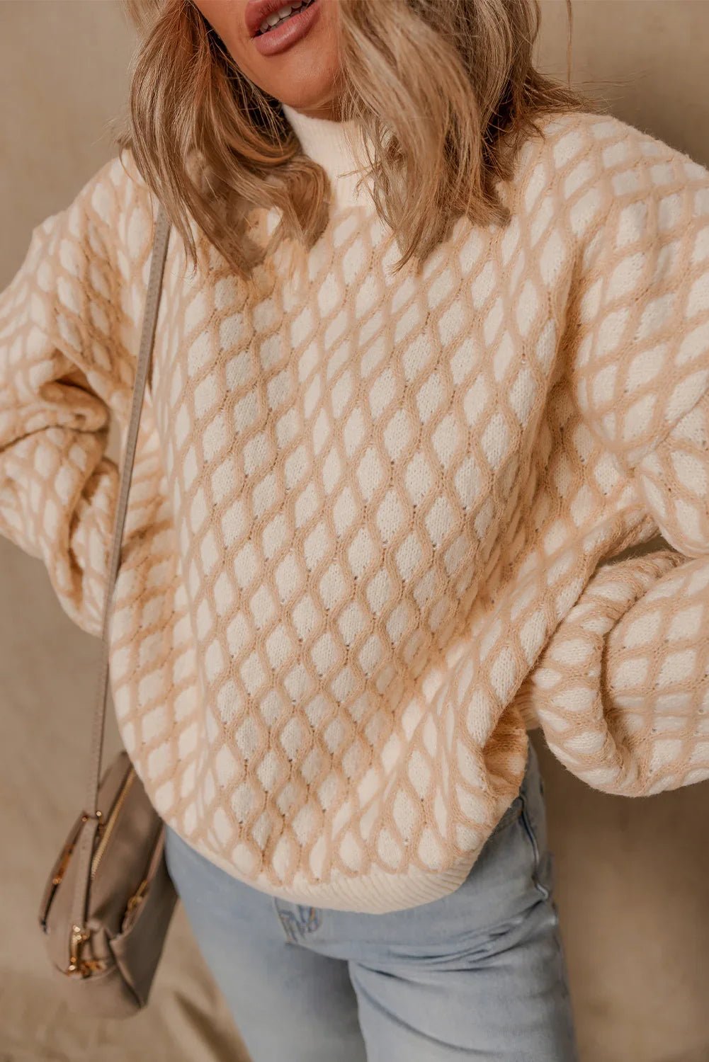 Smoke Gray Checkered Textured Knit Mock Neck Sweater - minbolu -