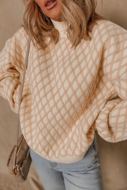 Smoke Gray Checkered Textured Knit Mock Neck Sweater - minbolu -