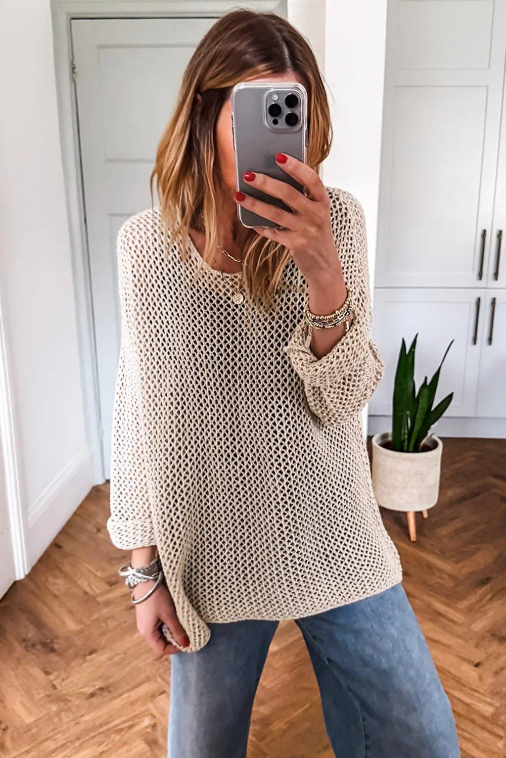 Smoke Gray Crochet Hollow-out Knit Sweater - Casual Pullover - minbolu -