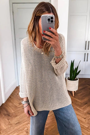 Smoke Gray Crochet Hollow-out Knit Sweater - Casual Pullover - minbolu -