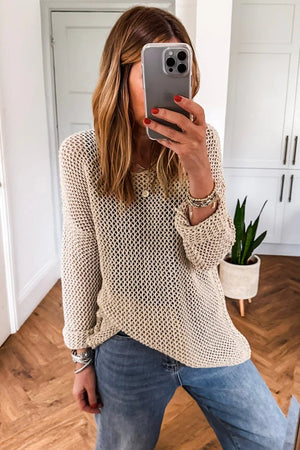 Smoke Gray Crochet Hollow-out Knit Sweater - Casual Pullover - minbolu -