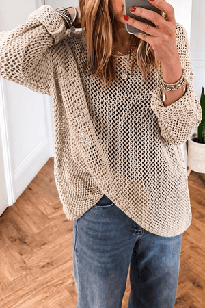 Smoke Gray Crochet Hollow-out Knit Sweater - Casual Pullover - minbolu -