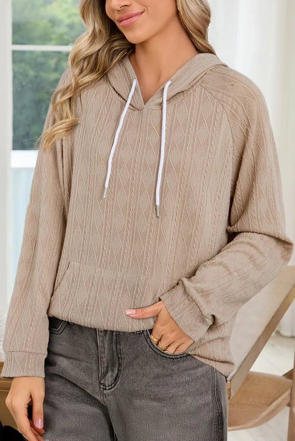 Smoke Gray Solid Color Textured Knit Drawstring Hoodie - minbolu -