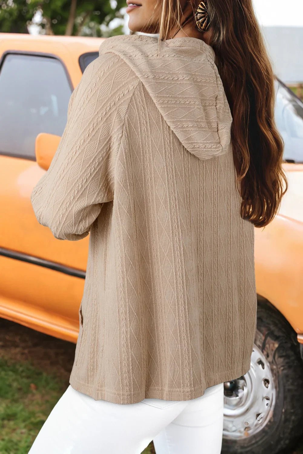 Smoke Gray Solid Color Textured Knit Drawstring Hoodie - minbolu -