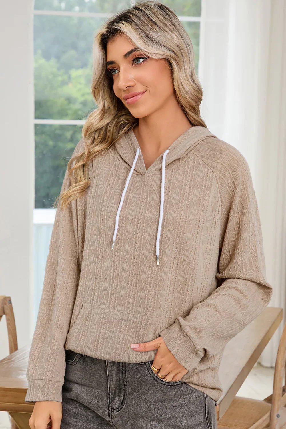 Smoke Gray Solid Color Textured Knit Drawstring Hoodie - minbolu -