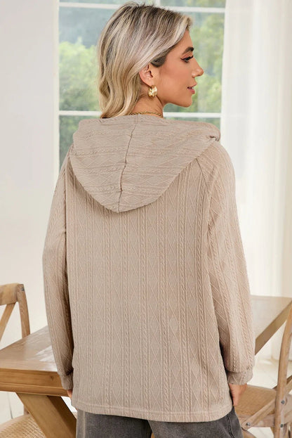 Smoke Gray Solid Color Textured Knit Drawstring Hoodie - minbolu -