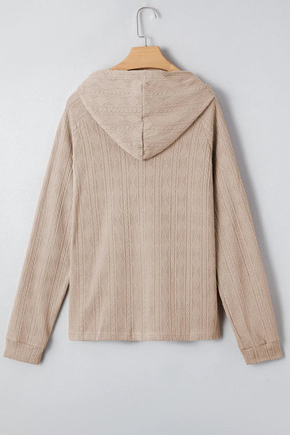 Smoke Gray Solid Color Textured Knit Drawstring Hoodie - minbolu -