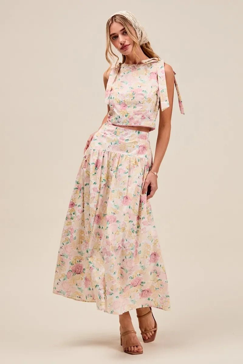 SO ME Floral Printed Woven Shoulder Bow Tie Top and Skirt Set - minbolu -