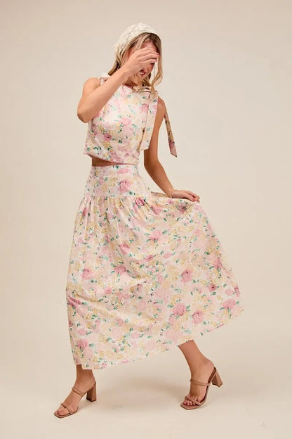 SO ME Floral Printed Woven Shoulder Bow Tie Top and Skirt Set - minbolu -