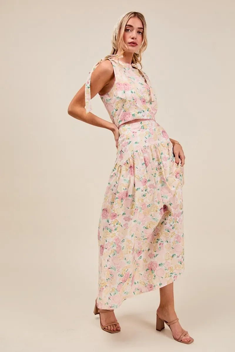 SO ME Floral Printed Woven Shoulder Bow Tie Top and Skirt Set - minbolu -