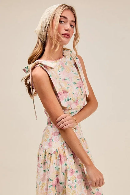 SO ME Floral Printed Woven Shoulder Bow Tie Top and Skirt Set - minbolu -