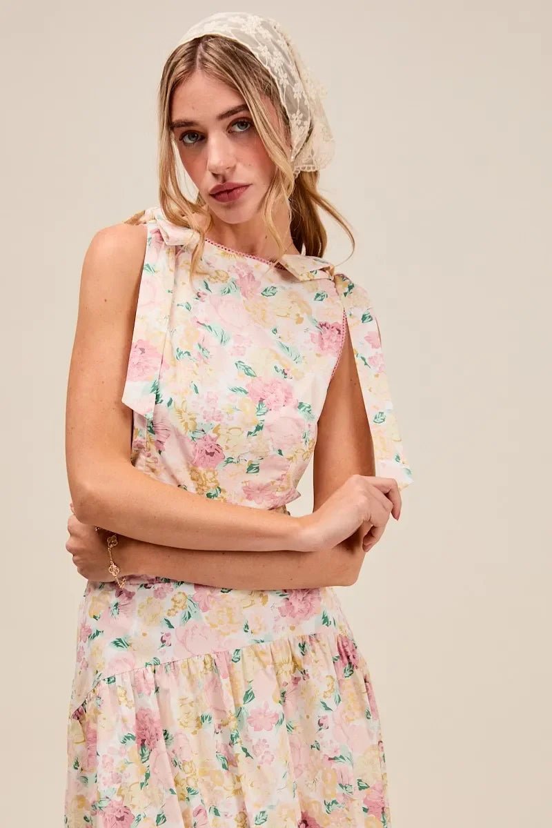SO ME Floral Printed Woven Shoulder Bow Tie Top and Skirt Set - minbolu -