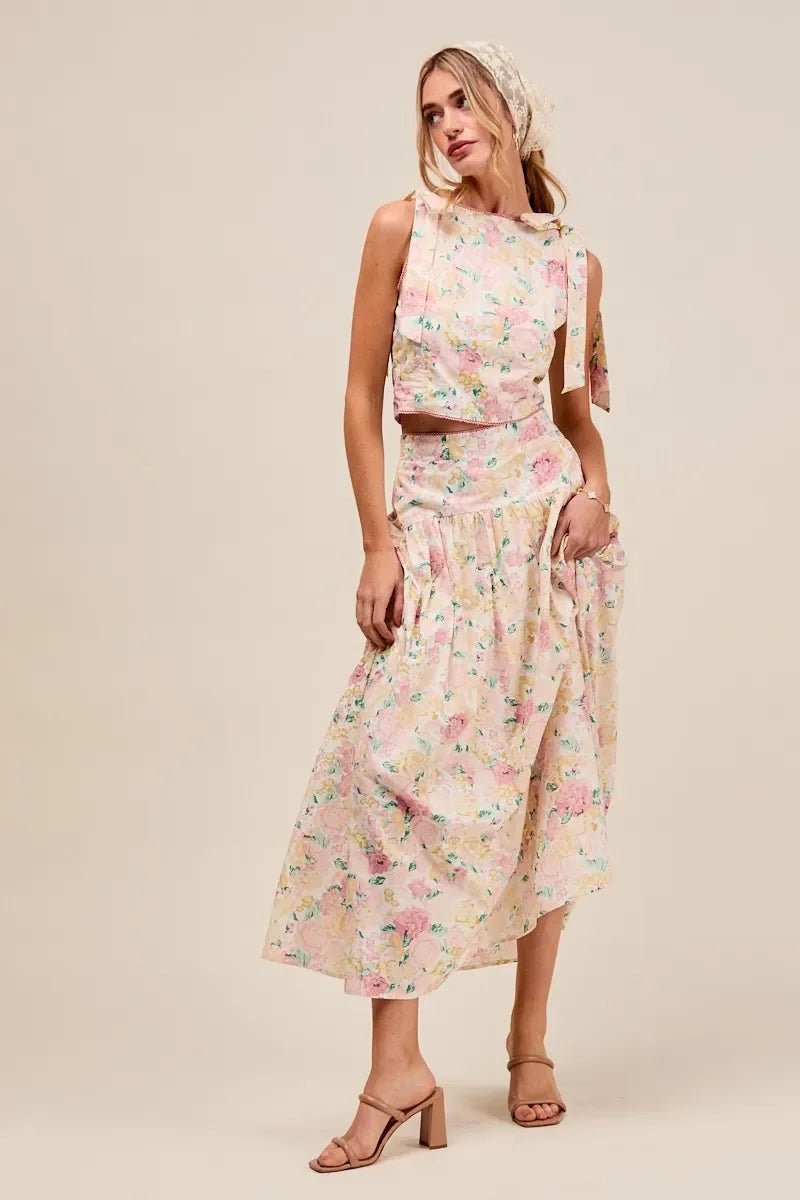 SO ME Floral Printed Woven Shoulder Bow Tie Top and Skirt Set - minbolu -