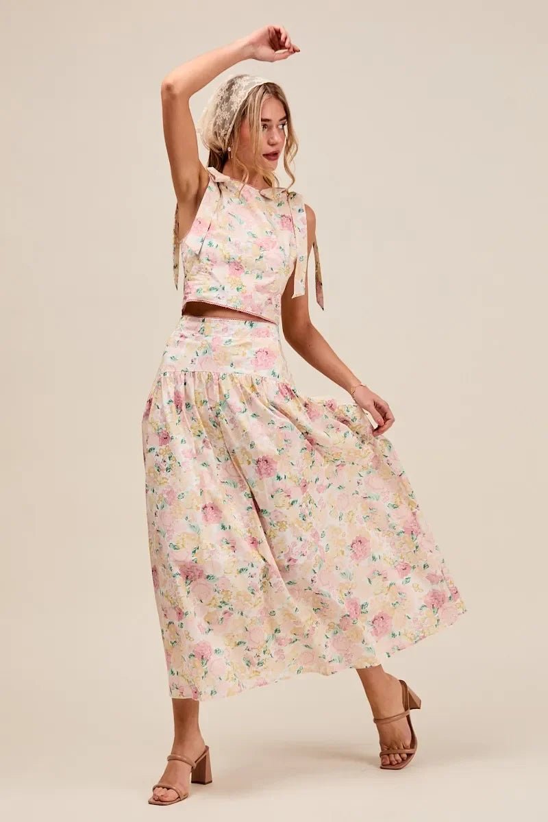 SO ME Floral Printed Woven Shoulder Bow Tie Top and Skirt Set - minbolu -
