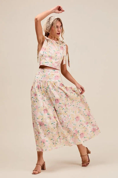 SO ME Floral Printed Woven Shoulder Bow Tie Top and Skirt Set - minbolu -