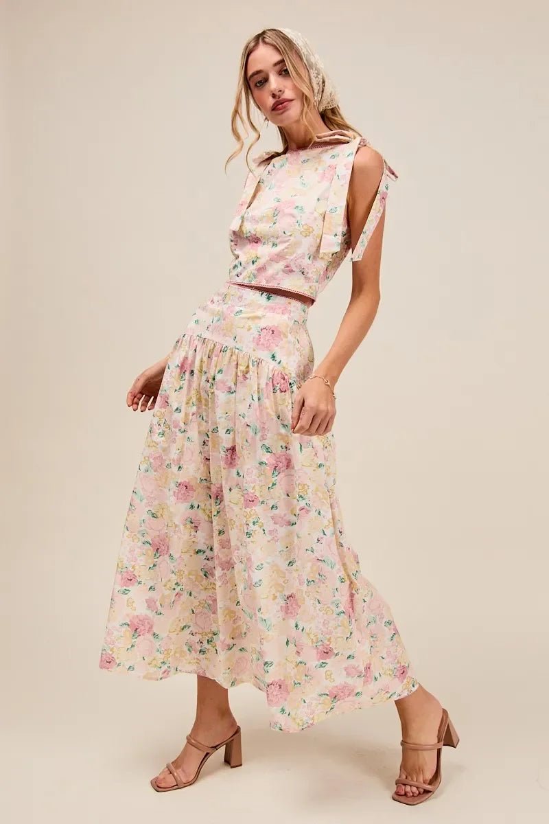 SO ME Floral Printed Woven Shoulder Bow Tie Top and Skirt Set - minbolu -