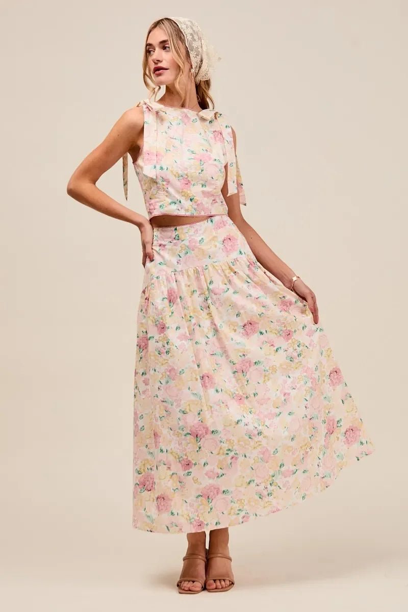 SO ME Floral Printed Woven Shoulder Bow Tie Top and Skirt Set - minbolu -