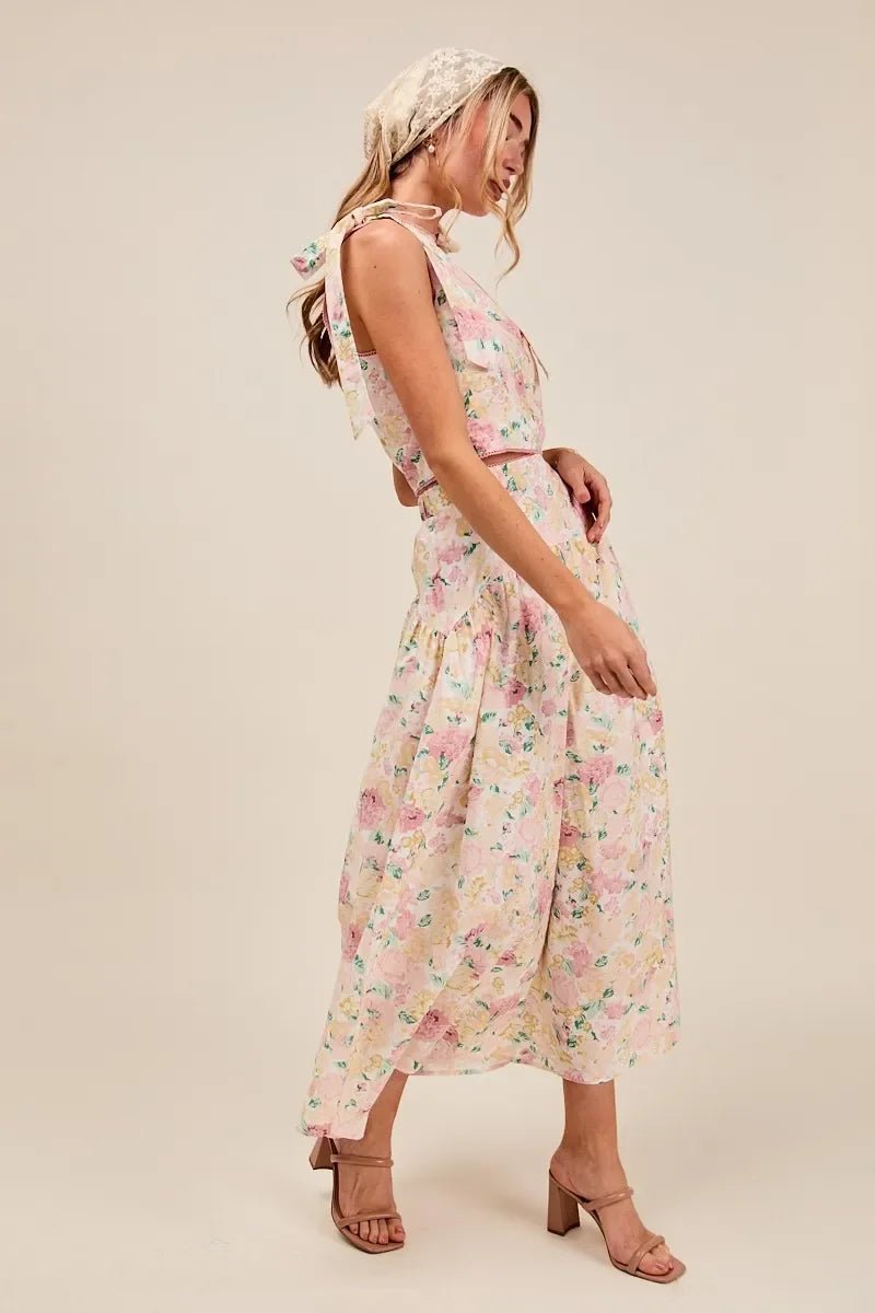 SO ME Floral Printed Woven Shoulder Bow Tie Top and Skirt Set - minbolu -