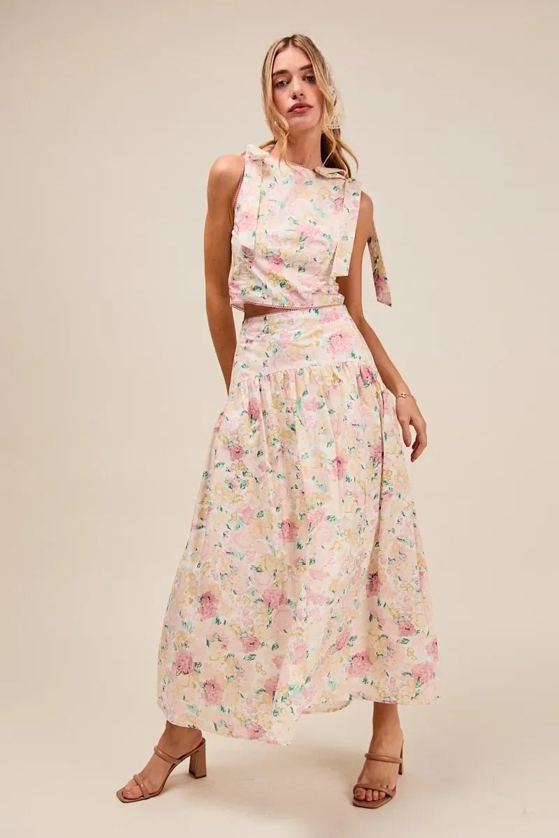 SO ME Floral Printed Woven Shoulder Bow Tie Top and Skirt Set - minbolu -