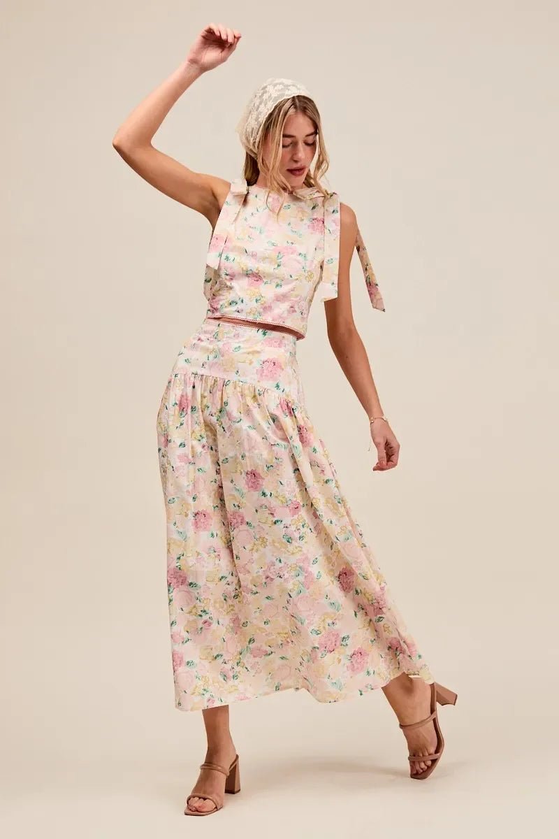 SO ME Floral Printed Woven Shoulder Bow Tie Top and Skirt Set - minbolu -