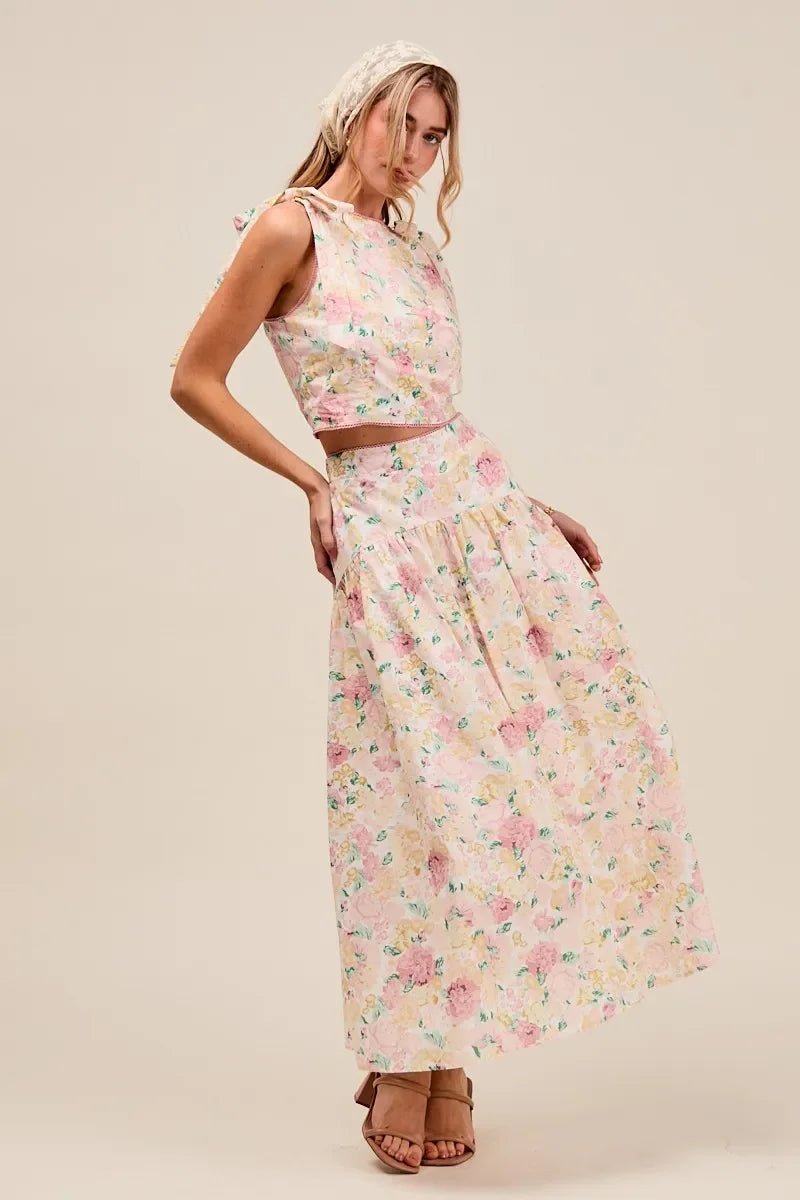 SO ME Floral Printed Woven Shoulder Bow Tie Top and Skirt Set - minbolu -