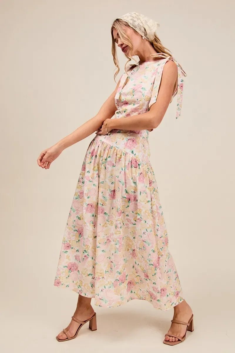 SO ME Floral Printed Woven Shoulder Bow Tie Top and Skirt Set - minbolu -