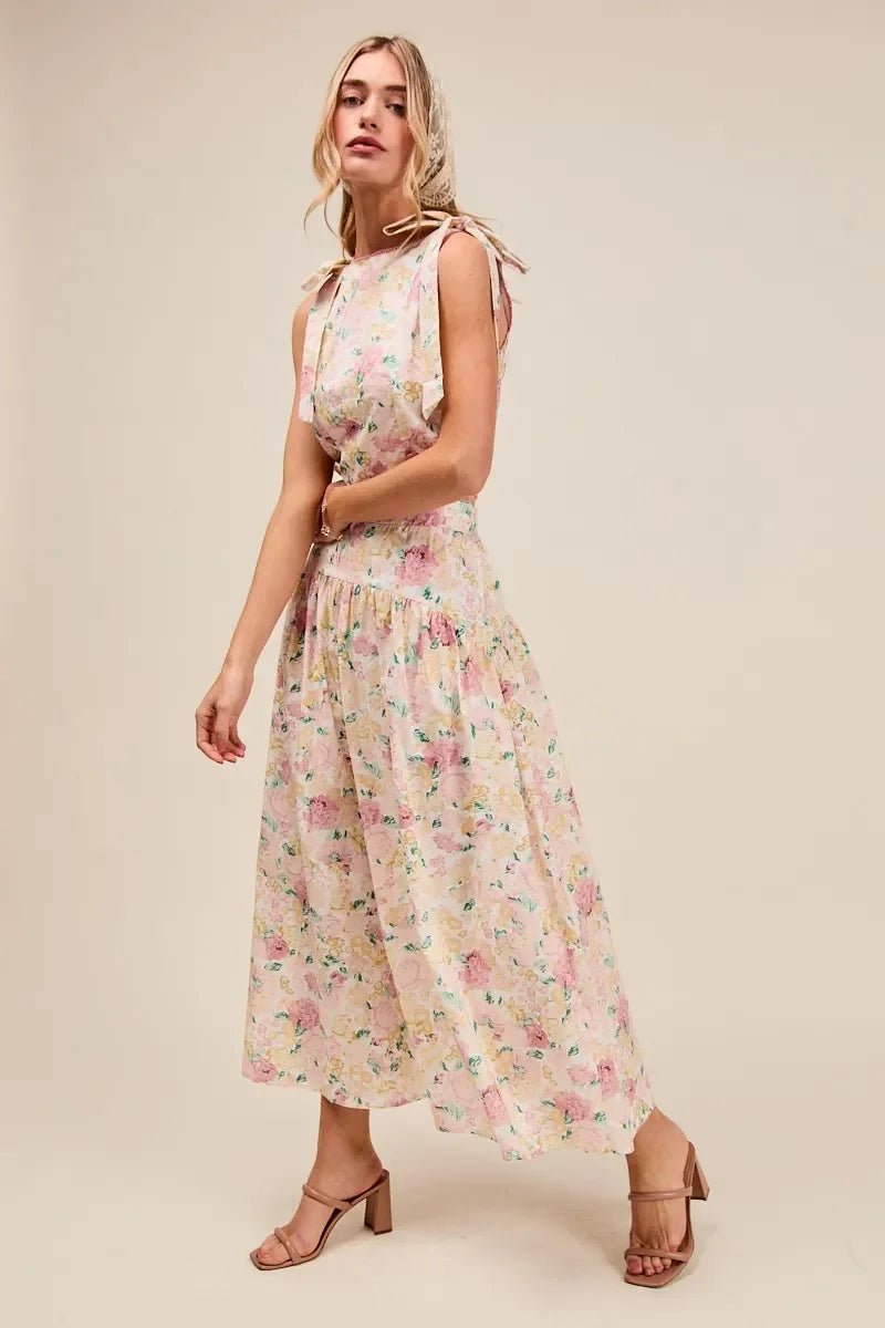 SO ME Floral Printed Woven Shoulder Bow Tie Top and Skirt Set - minbolu -