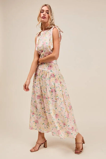 SO ME Floral Printed Woven Shoulder Bow Tie Top and Skirt Set - minbolu -
