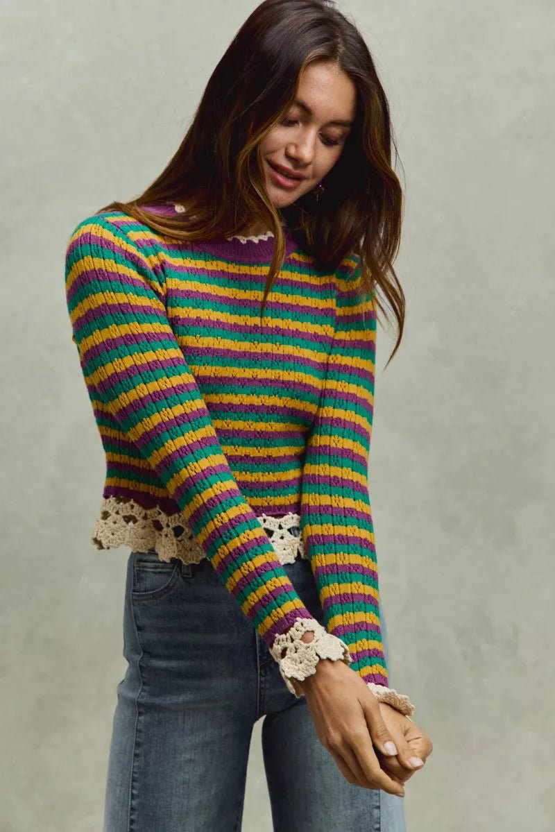 SO ME Mardi Gras Striped Cropped Knit Top with Crochet Edge - minbolu -