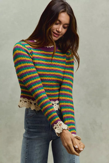 SO ME Mardi Gras Striped Cropped Knit Top with Crochet Edge - minbolu -