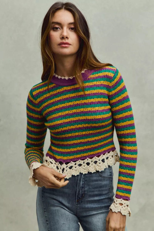 SO ME Mardi Gras Striped Cropped Knit Top with Crochet Edge - minbolu -