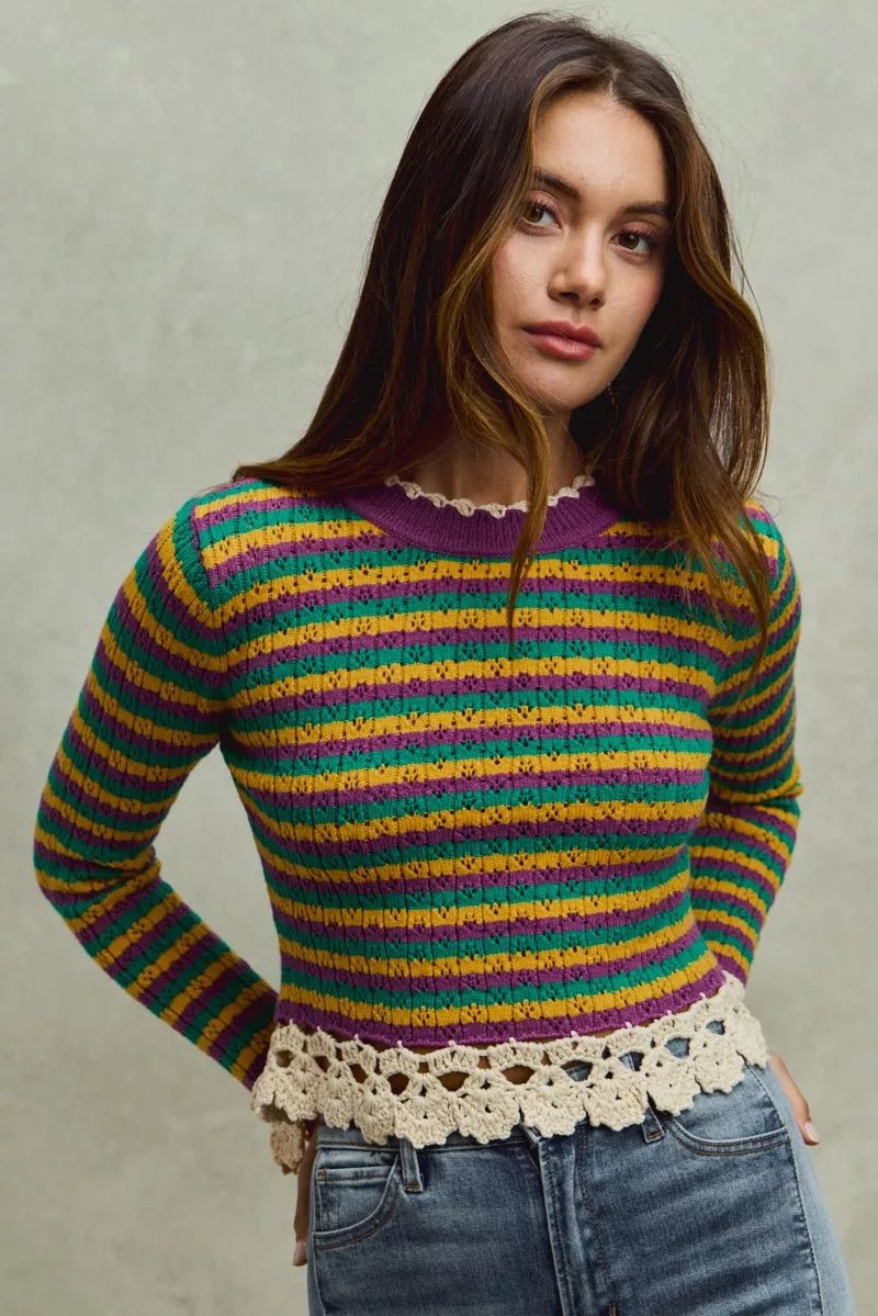SO ME Mardi Gras Striped Cropped Knit Top with Crochet Edge - minbolu -