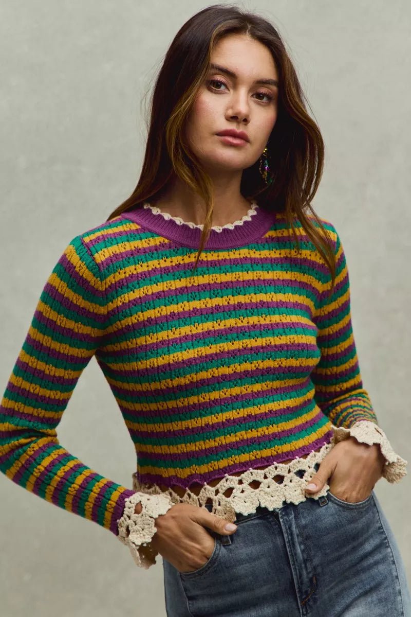 SO ME Mardi Gras Striped Cropped Knit Top with Crochet Edge - minbolu -