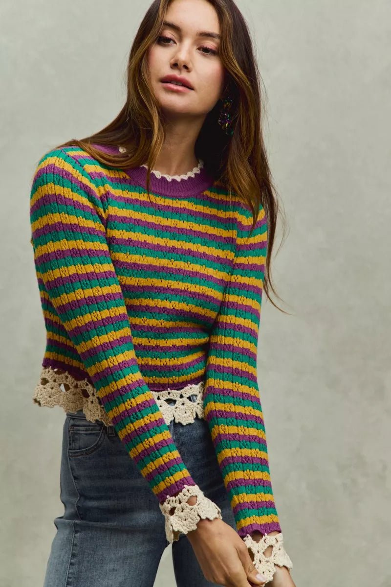 SO ME Mardi Gras Striped Cropped Knit Top with Crochet Edge - minbolu -