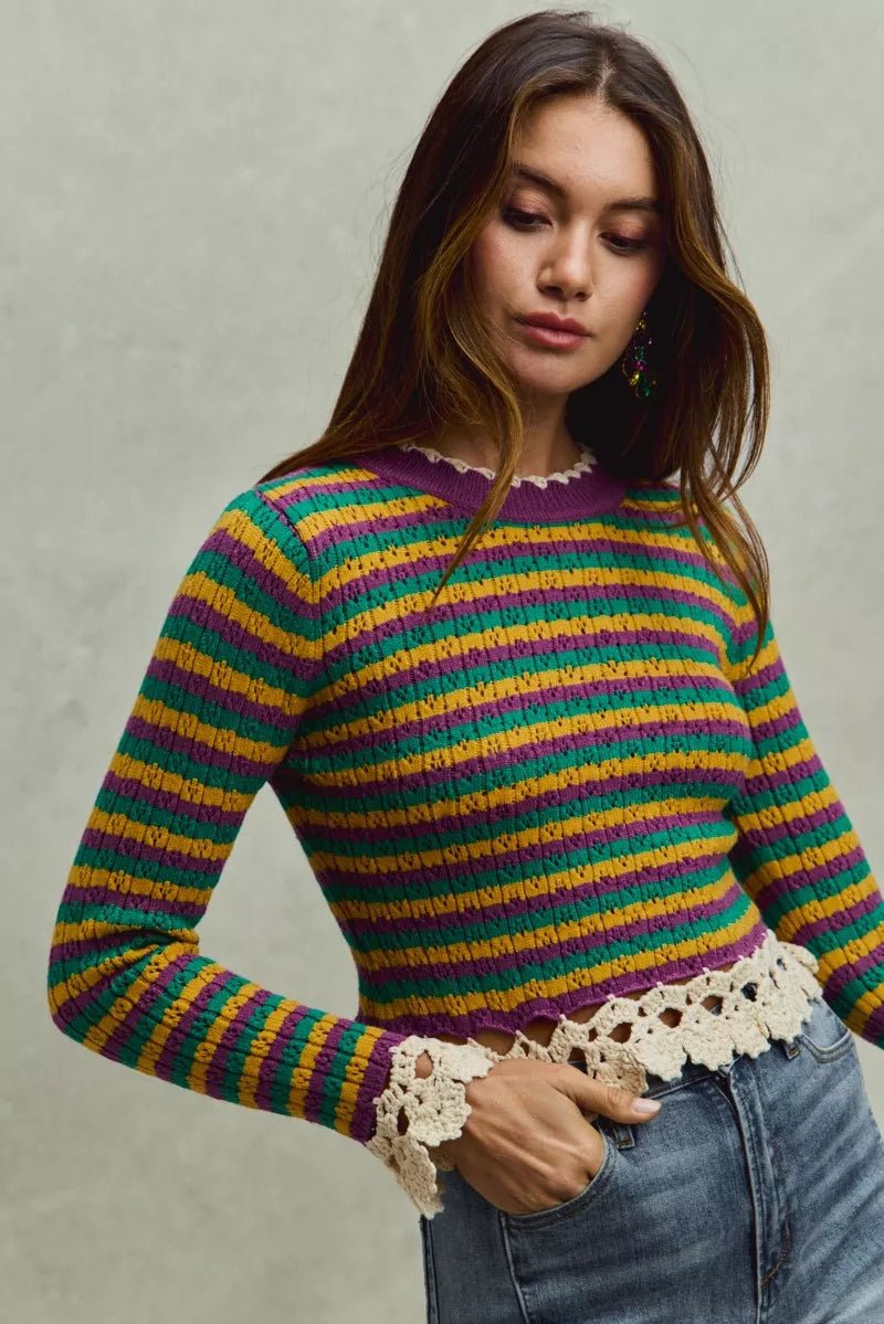SO ME Mardi Gras Striped Cropped Knit Top with Crochet Edge - minbolu -