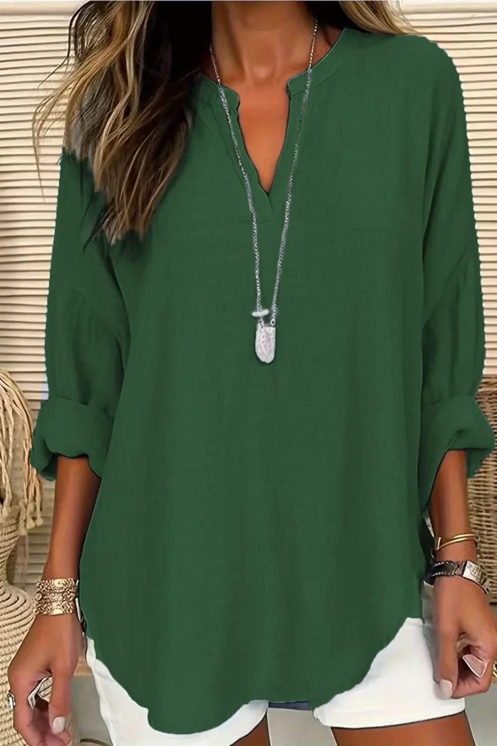 Solid Notched Long Sleeve Blouse – Lightweight and Polished - minbolu