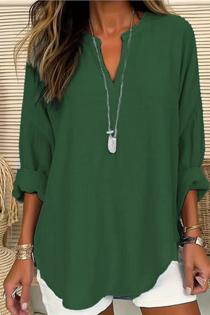 Solid Notched Long Sleeve Blouse – Lightweight and Polished - minbolu -