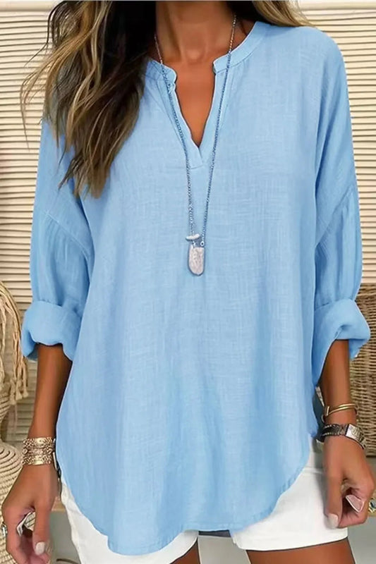 Solid Notched Long Sleeve Blouse – Lightweight and Polished - minbolu