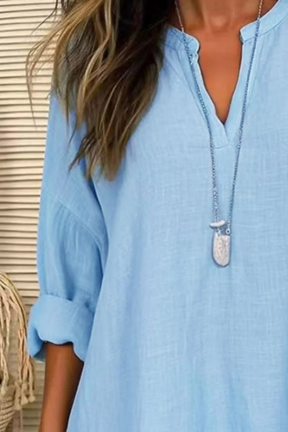 Solid Notched Long Sleeve Blouse – Lightweight and Polished - minbolu