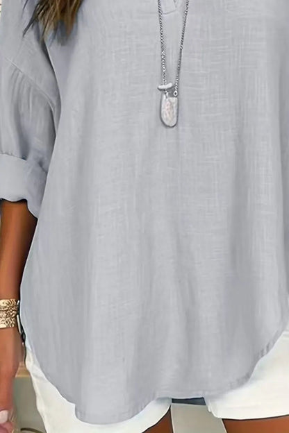 Solid Notched Long Sleeve Blouse – Lightweight and Polished - minbolu