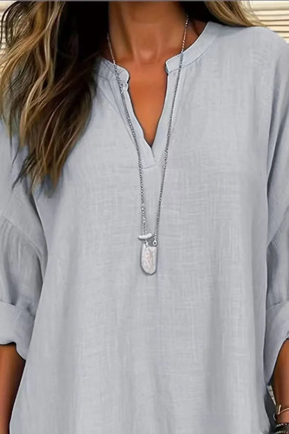 Solid Notched Long Sleeve Blouse – Lightweight and Polished - minbolu