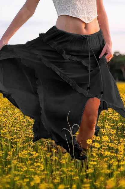 Solid Ruffle Drawstring Waist Asymmetry Hem Skirt - minbolu