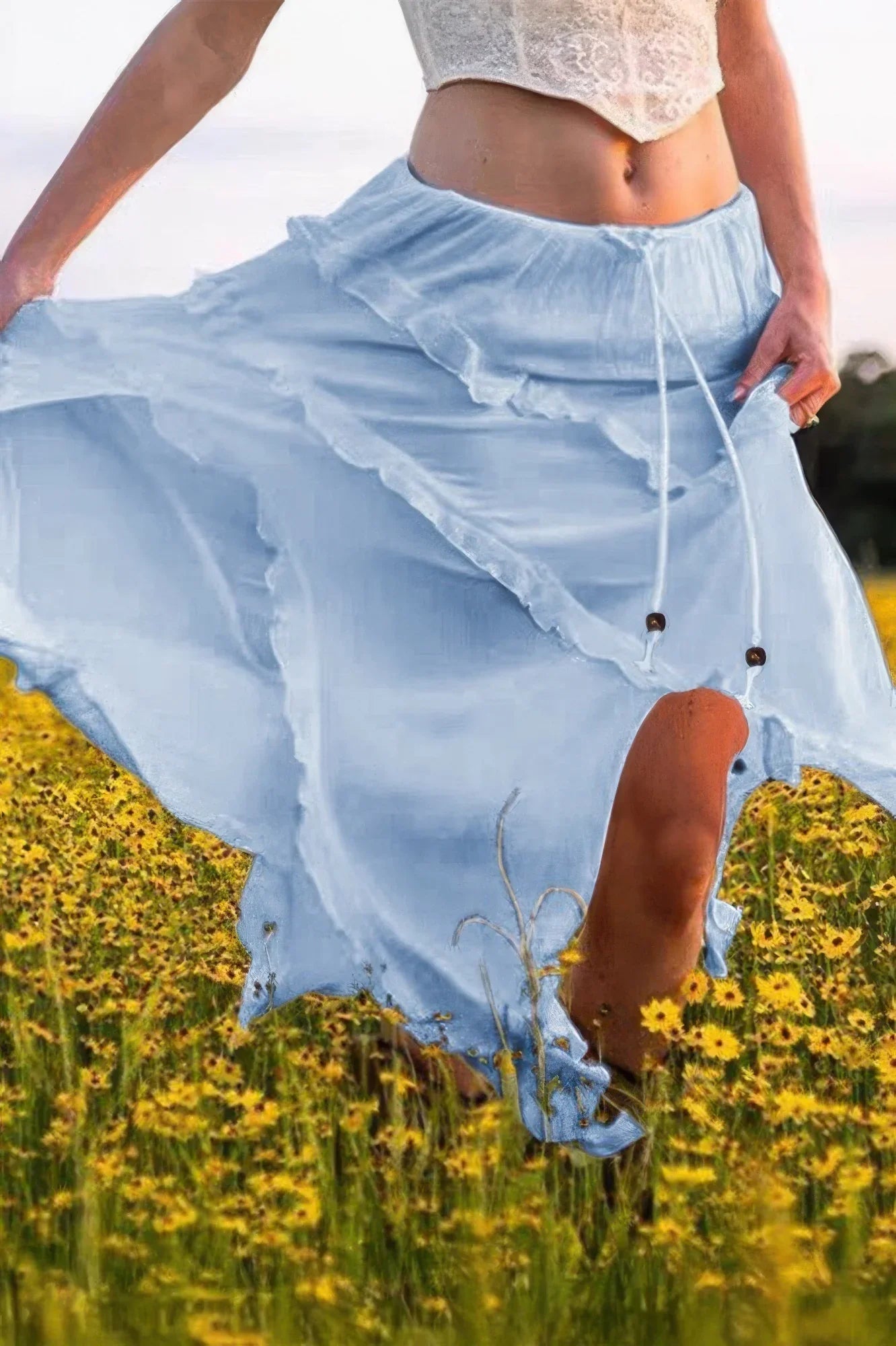 Solid Ruffle Drawstring Waist Asymmetry Hem Skirt - minbolu