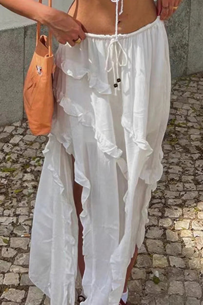 Solid Ruffle Drawstring Waist Asymmetry Hem Skirt - minbolu